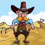 9100644-Cartoon-cowboy-ready-to-draw-his-guns-in-a-gunfight-He-is-in-the-desert-Stock-Photo