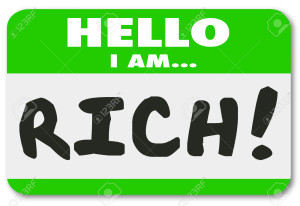 Hello I Am Rich words on a name tag, badge or sticker to brag about your wealth, affluence or financial independence